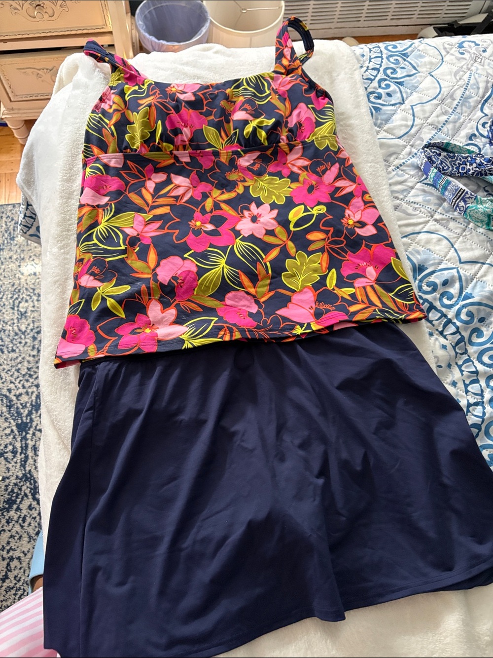 Lands' End Navy Floral Tankini with Pink and Lime Accents